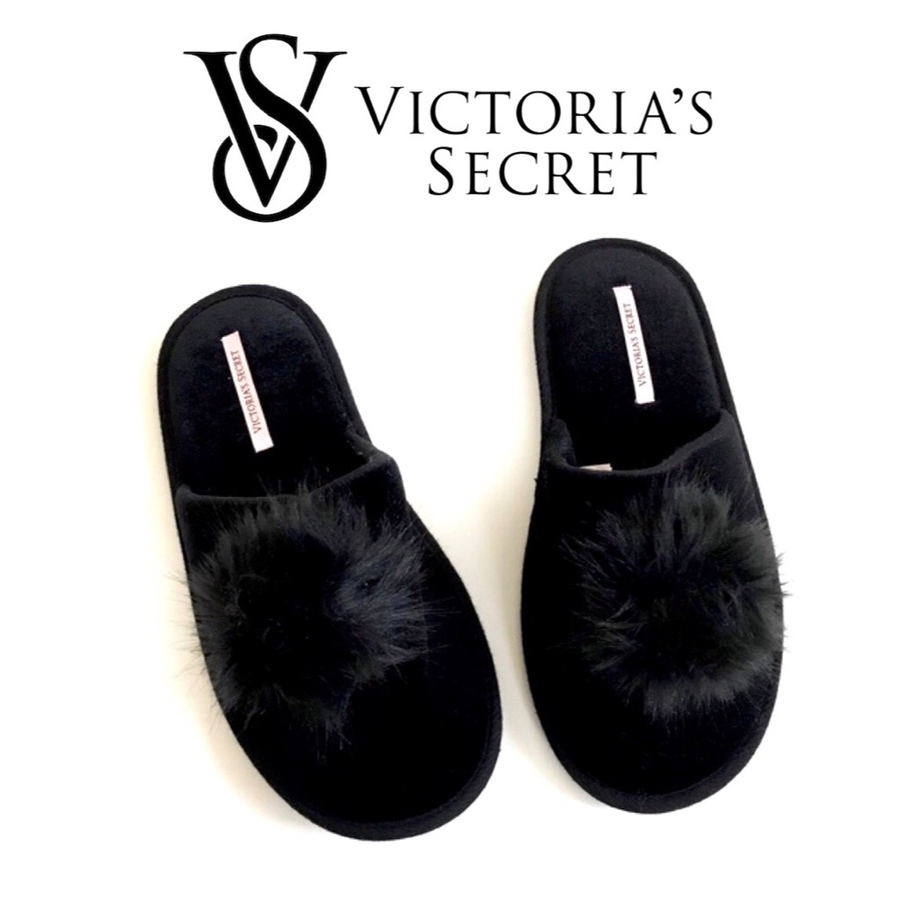Victoria Secret Black Pom Slippers
